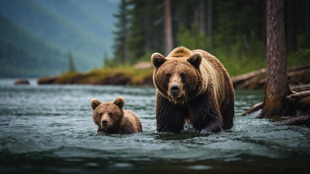 Foto uma porca de urso castanho do alasca e dois filhotes de um ano caminhando no rio brooks, no parque nacional katmai