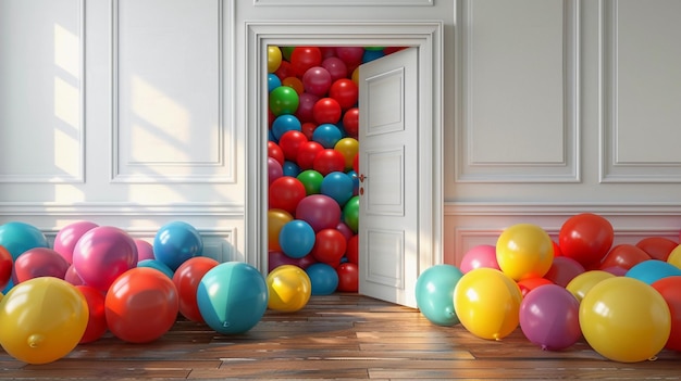 Foto uma porta aberta que leva a uma sala cheia de balões coloridos surpresa de aniversário gerada pela ia