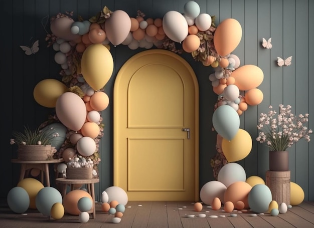 Uma porta amarela com balões e um ramo de flores na frente ai generativa