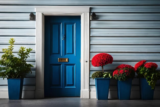 Uma porta azul com flores e plantas