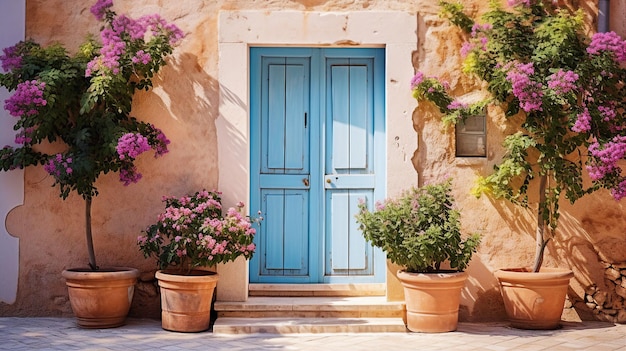 uma porta azul com flores na frente