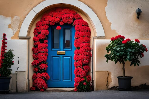 uma porta azul com flores vermelhas