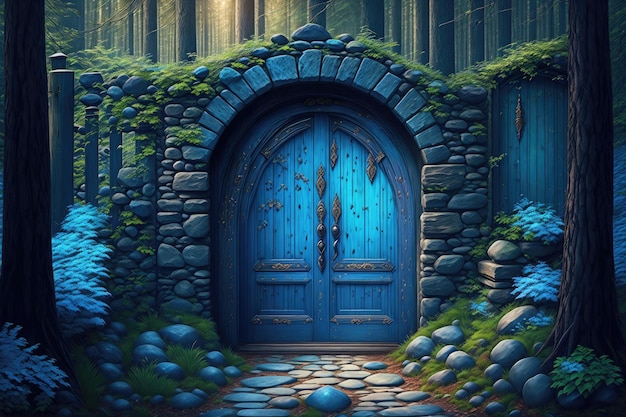 uma porta azul com um relógio em uma área de floresta escura com uma passarela de pedra e uma cerca de pedra