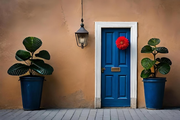 uma porta azul com uma flor vermelha pendurada nela