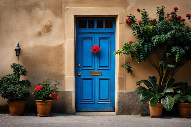 Uma porta azul com uma flor vermelha