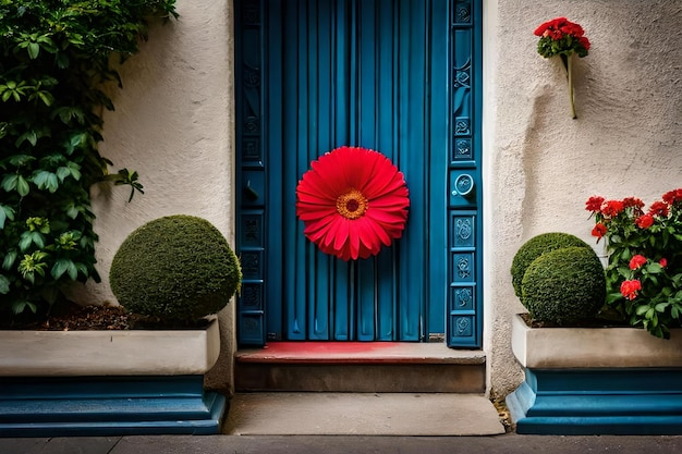 uma porta azul com uma flor vermelha