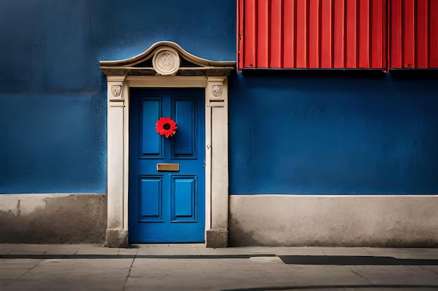 uma porta azul com uma flor vermelha