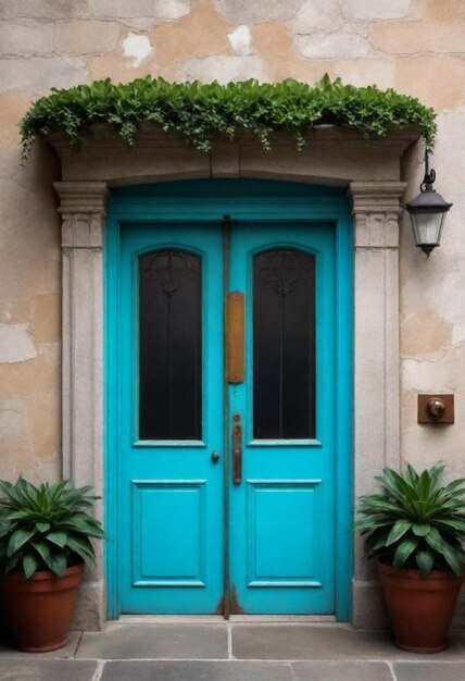 uma porta azul com uma luz nela que está iluminada