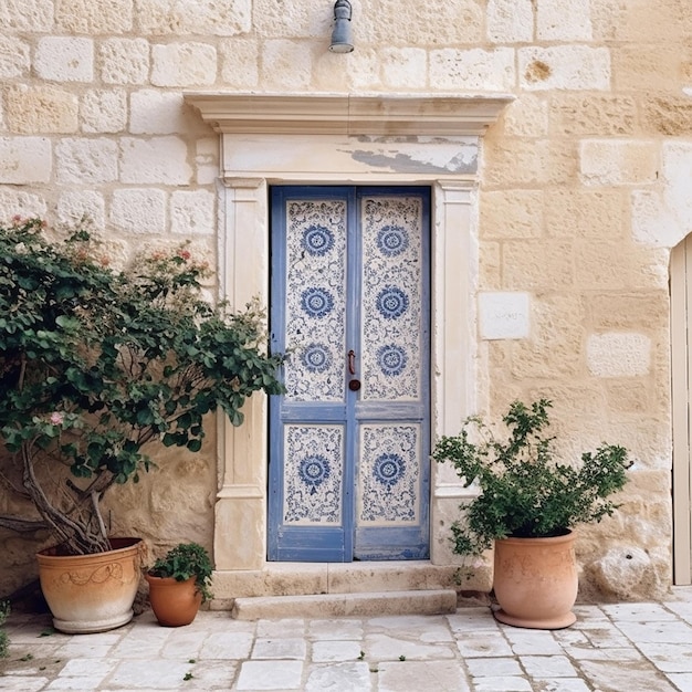 Uma porta azul com uma porta azul que diz 'o nome da casa'