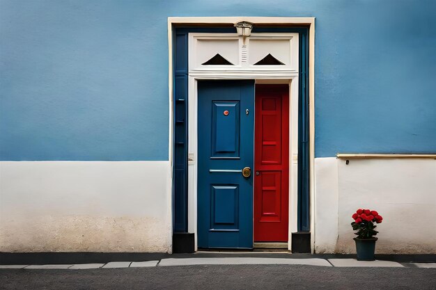 uma porta azul com uma porta vermelha e uma flor vermelha na frente dela.