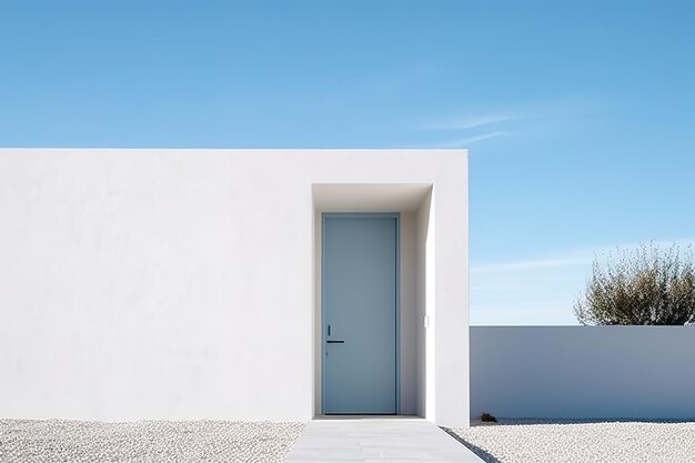 Uma porta branca com um puxador prateado e um fundo de céu azul.