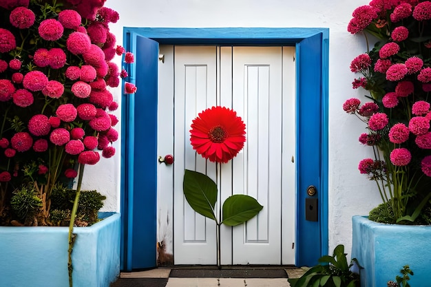 Foto uma porta branca com uma flor vermelha