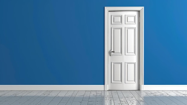 Uma porta branca está de pé em frente a uma parede azul