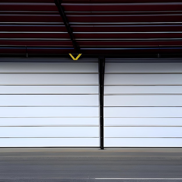 Foto uma porta de garagem branca com uma seta amarela apontando para a direita.