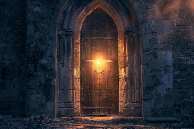 Uma porta de madeira com uma luz brilhando através dela