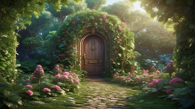 Uma porta de madeira em um edifício de pedra cercado de flores e plantas