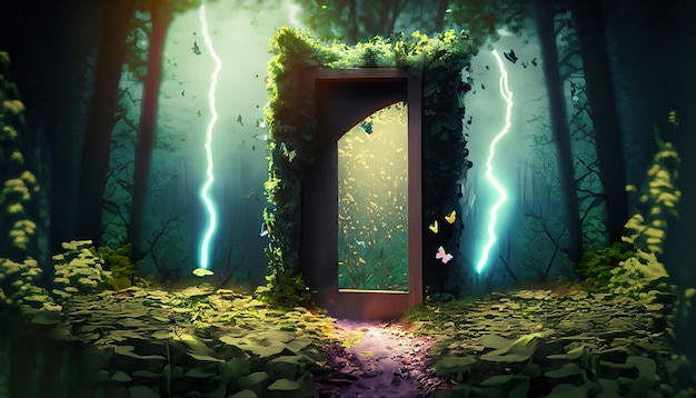 Uma porta em uma floresta com uma luz e uma borboleta nela.