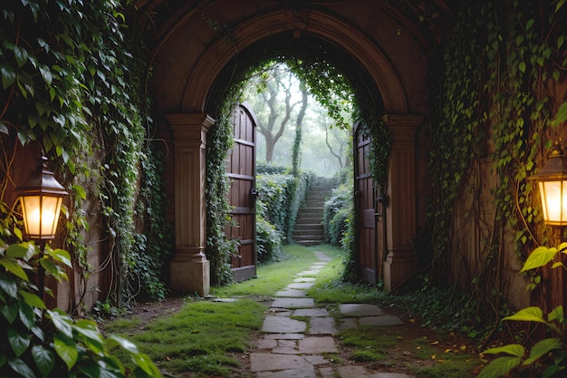 Uma porta enigmática espera no final de um caminho adornado com videiras cobertas de plantas