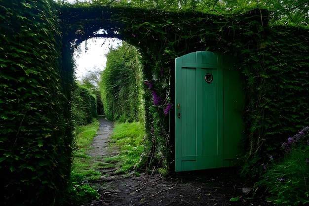 Uma porta enigmática espera no final de um caminho sinuoso adornado com videiras cobertas e emanando