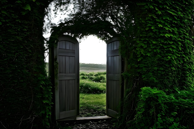 Uma porta enigmática espera no final de um caminho sinuoso adornado com videiras cobertas e emanando