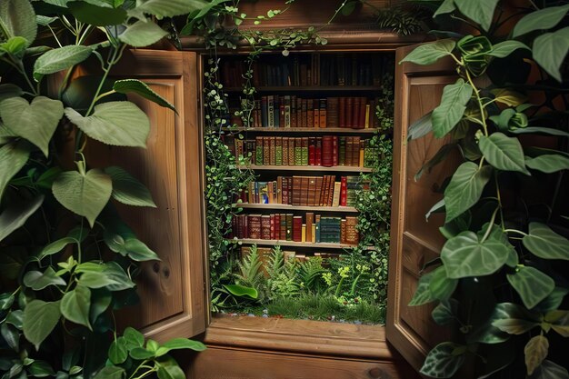 Uma porta escondida em uma estante de livros se abre para revelar um jardim secreto cheio de livros educacionais