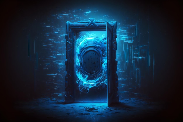 Uma porta escura com uma luz azul que diz 'a porta'