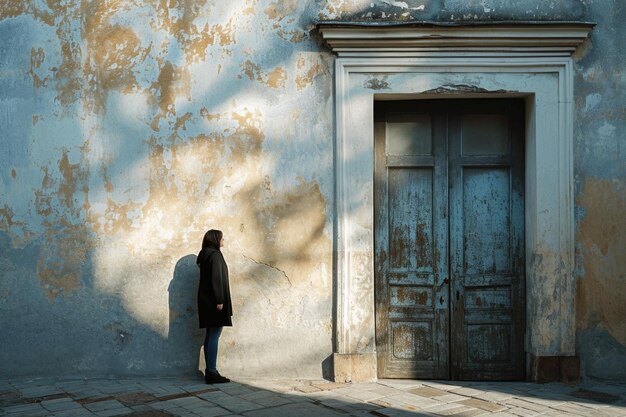 Foto uma porta fechada com uma figura solitária do outro lado ilustrando o isolamento