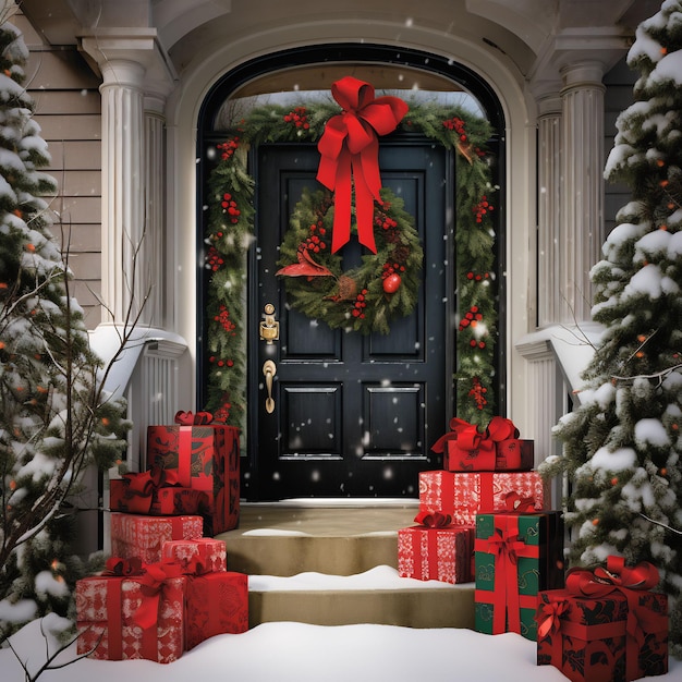 uma porta preta com uma árvore de natal vermelha e uma porta preta com uma caixa de presente vermelha
