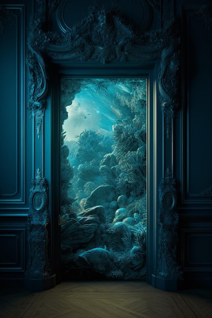 Uma porta que tem a imagem de um mar e as palavras " oceano " nela.