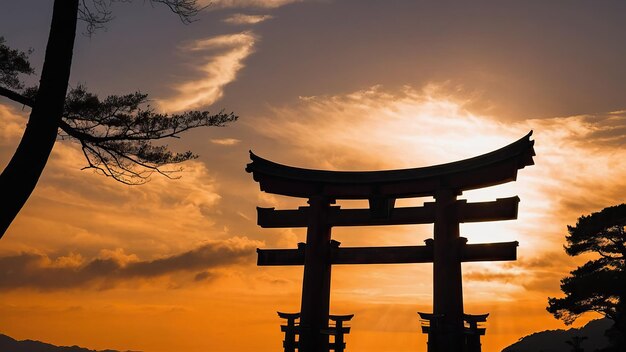 Uma porta torii em silhueta contra os tons ardentes do pôr-do-sol sobre o mar