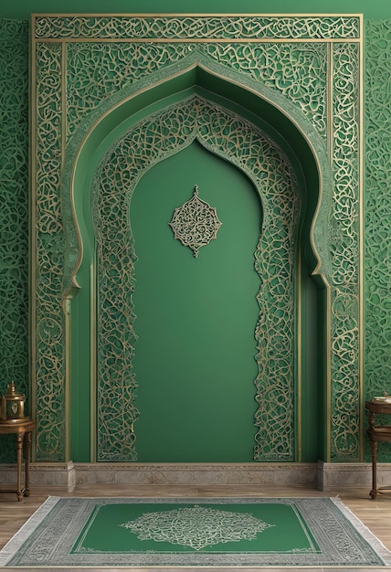 uma porta verde com uma borda de ouro na parte superior