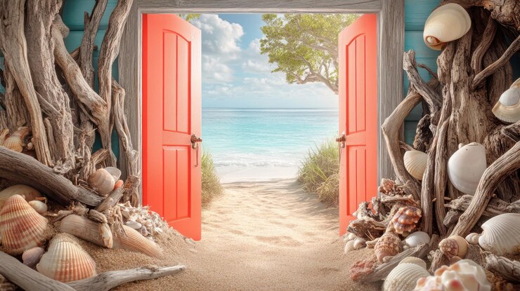 Foto uma porta vermelha com uma árvore à esquerda e o oceano ao fundo