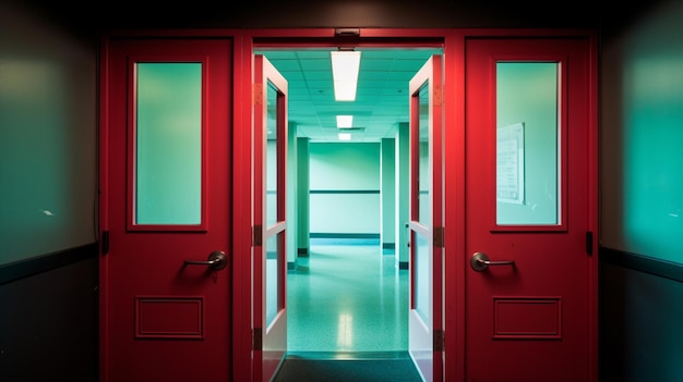 Uma porta vermelha com uma placa que diz 'a porta à esquerda'