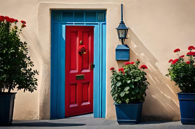 uma porta vermelha com uma porta azul e um vaso de flores.