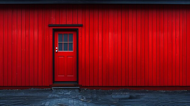uma porta vermelha e uma passarela de tijolos na frente de um edifício vermelho