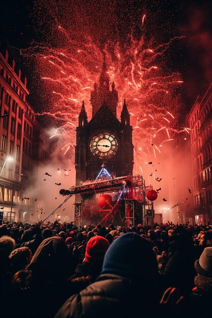 Foto uma praça lotada de pessoas uma grande torre de relógio é o pano de fundo como fogos de artifício explodem acima