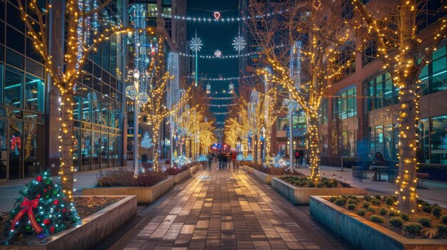 Uma praça urbana alinhada por elegantes edifícios modernos iluminados com luzes festivas espalhando alegria e alegria por toda a cidade