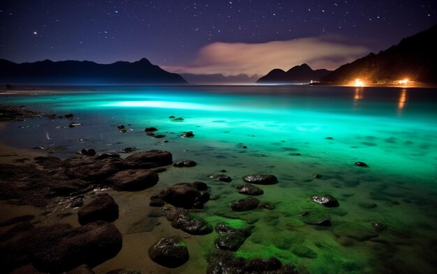 Uma praia à noite com as luzes acesas.