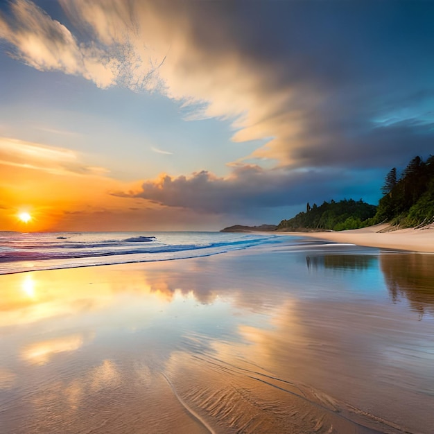 Uma praia ao nascer do sol com o pôr do sol no horizonte.