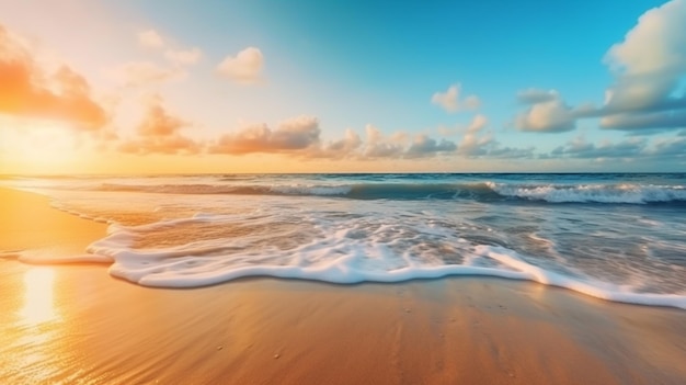 Uma praia ao pôr do sol com areia dourada e céu azul com nuvens