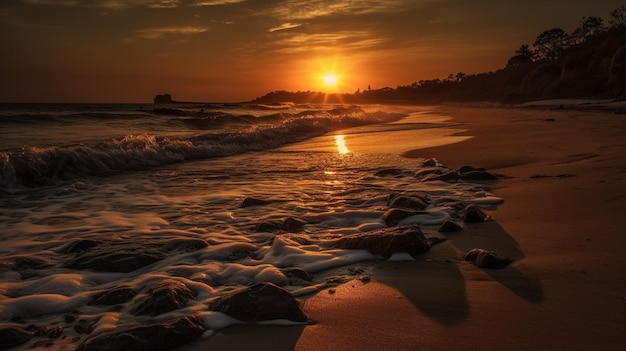 Uma praia ao pôr do sol com o pôr do sol atrás dela