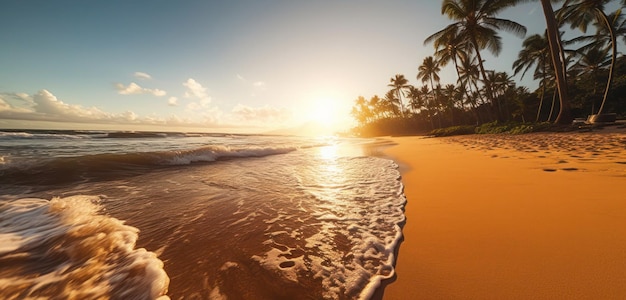 Uma praia ao pôr do sol com palmeiras ao fundo