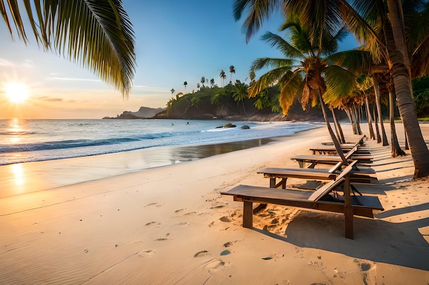 Uma praia ao pôr do sol com palmeiras e bancos