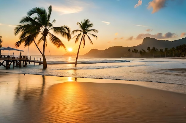 Uma praia ao pôr do sol com palmeiras e montanhas ao fundo