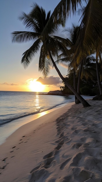 Uma praia ao pôr do sol com palmeiras e o pôr do sol