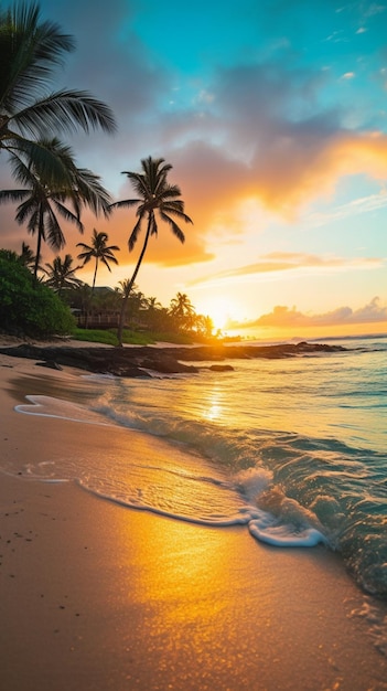 Uma praia ao pôr do sol com palmeiras e o pôr do sol.