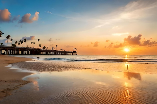 Uma praia ao pôr do sol com palmeiras e um píer ao fundo