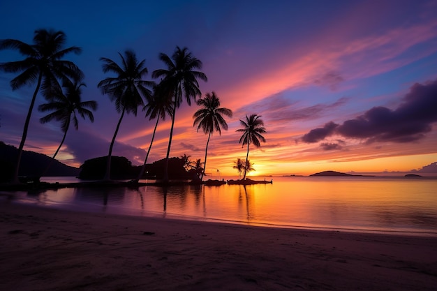 Uma praia ao pôr do sol com palmeiras e um pôr do sol ao fundo.