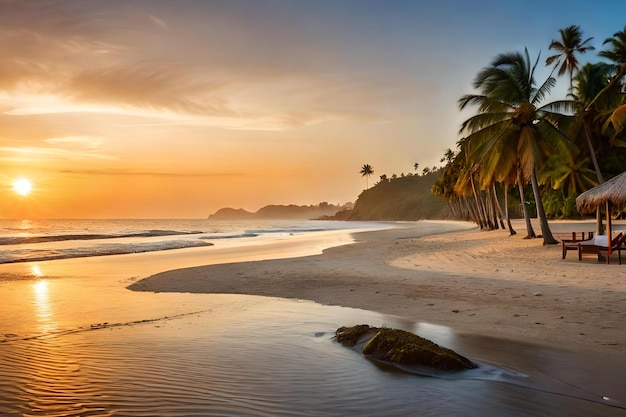 Uma praia ao pôr do sol com palmeiras e um pôr do sol ao fundo