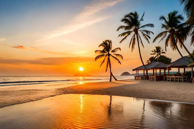 Uma praia ao pôr do sol com palmeiras e um pôr do sol ao fundo